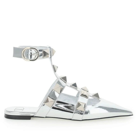 Valentino Garavani Silver Roman Stud Ballerina Flat Ankle Strap 36.5