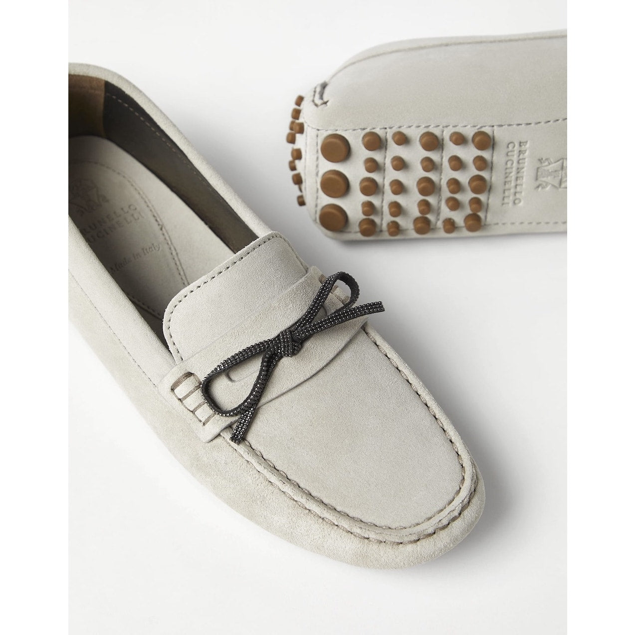 Brunello Cucinelli Monili embellished Suede Moccasins Loafers Stone 36.5