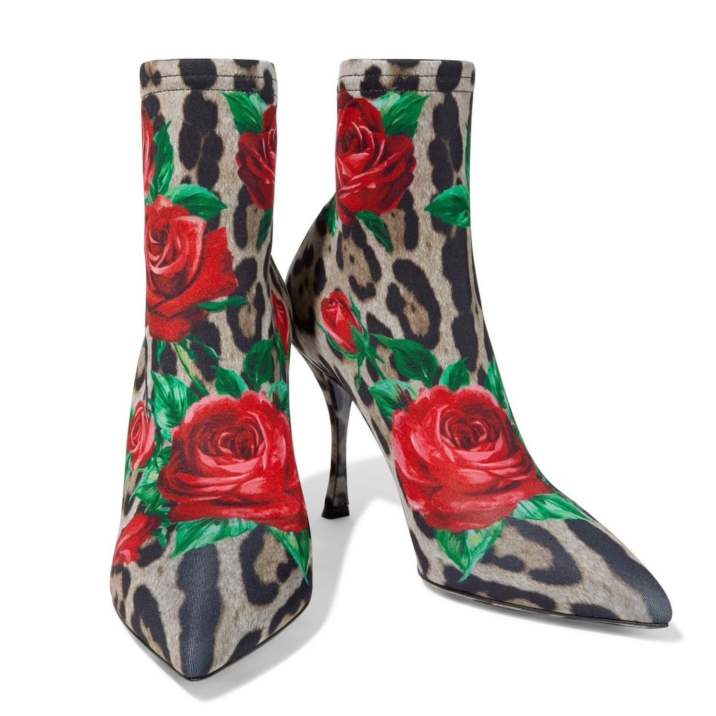 Dolce & Gabbana Floral Leopard Rose Print Stretch booties boots Tan Red 35.5