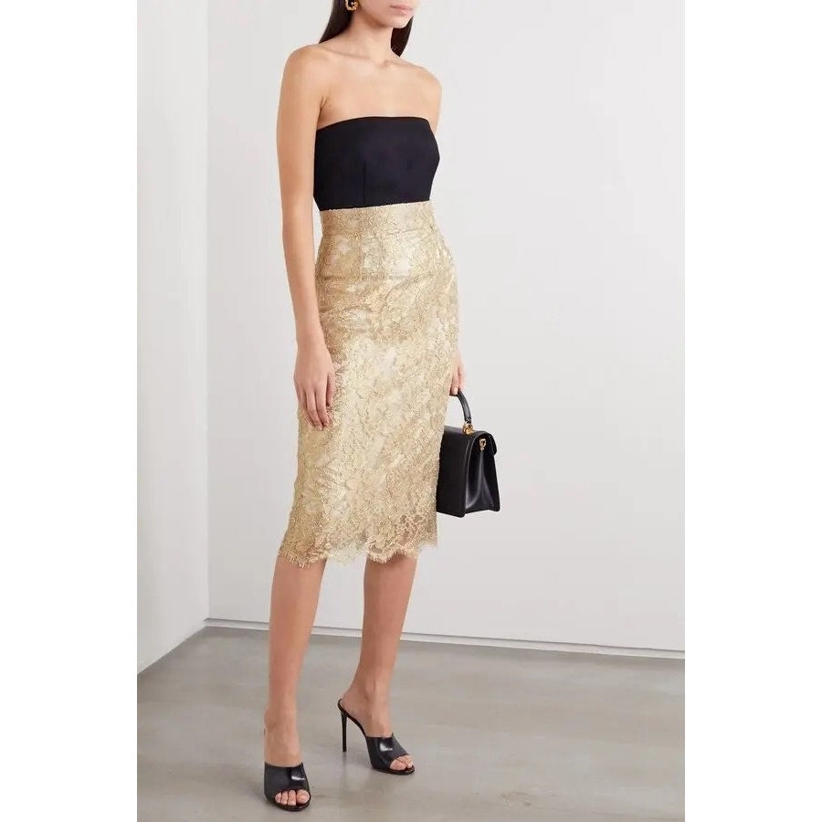 NWT Dolce & Gabbana Metallic Gold Lace Brocade Midi Skirt IT 38 US XS