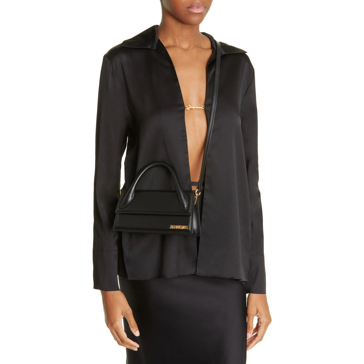 NWT Jacquemus Le Chiquito Long Leather Bag Black Gold Logo