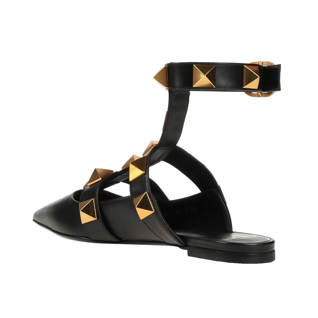 Valentino Garavani Black Roman Stud Ballerina Flat Ankle Strap 36