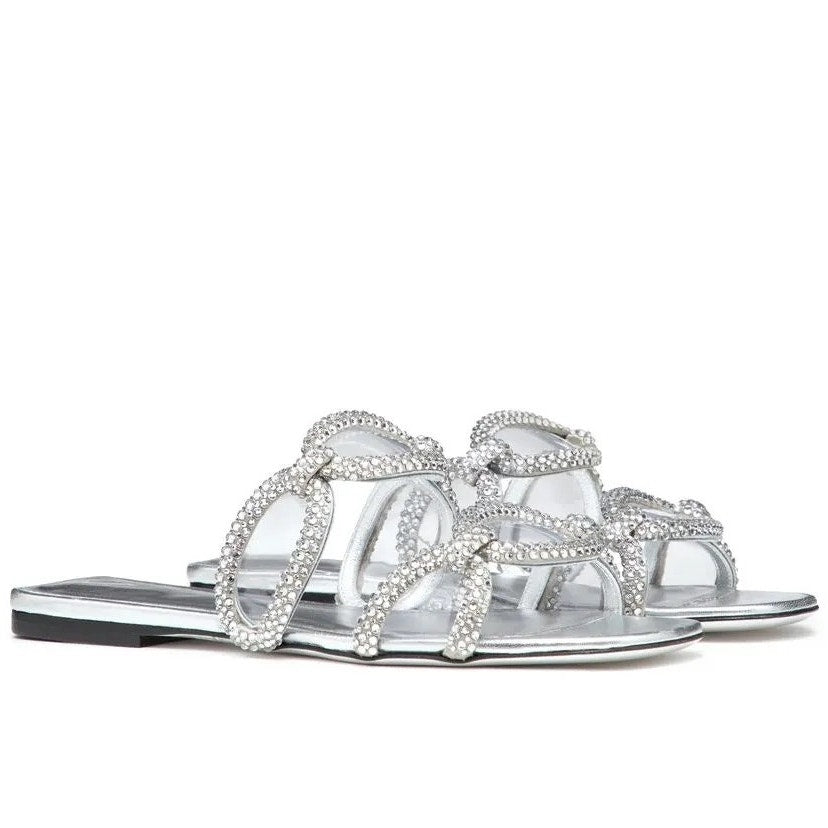 Valentino Garavani Silver Chain 1967 Crystal Slip On Slide Flat Sandal