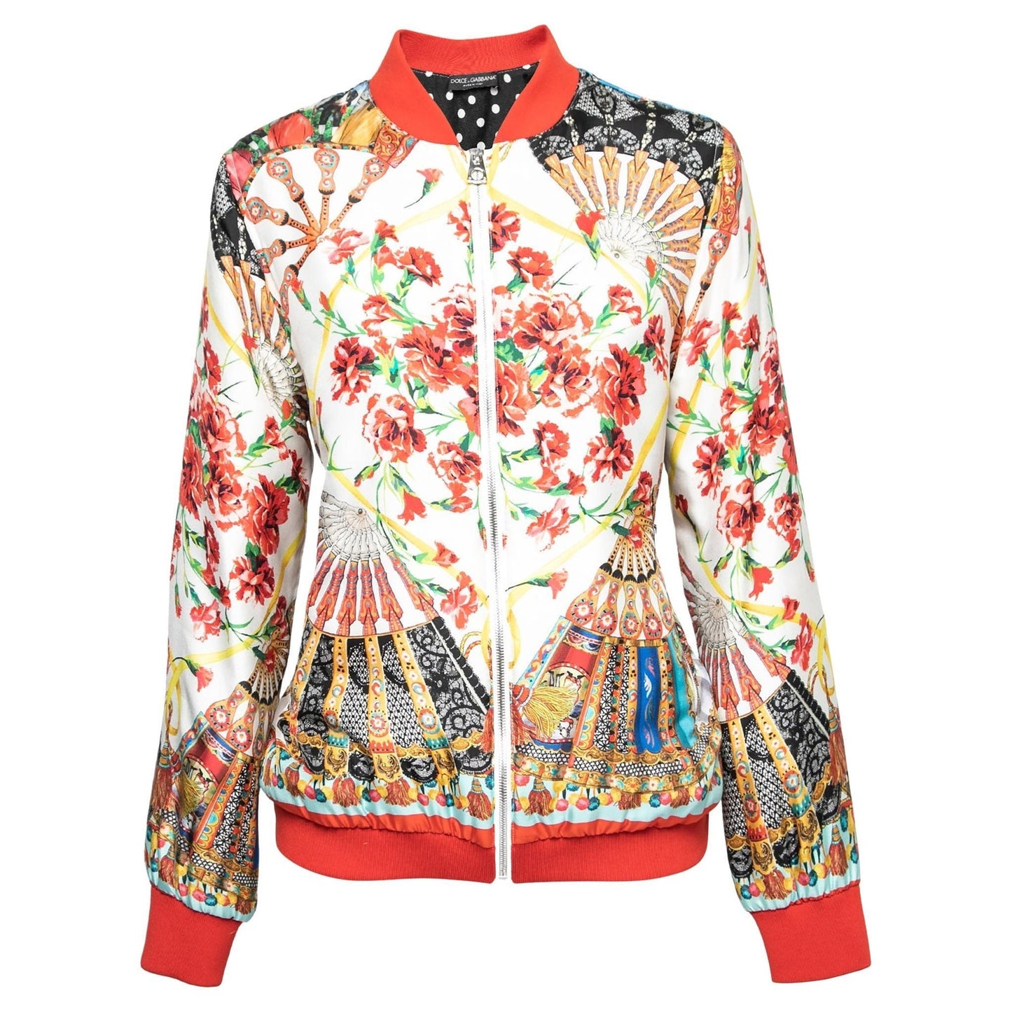 NWT Dolce & Gabbana Cream Red Printed Silk Bomber Jacket Multi IT 38 US XS