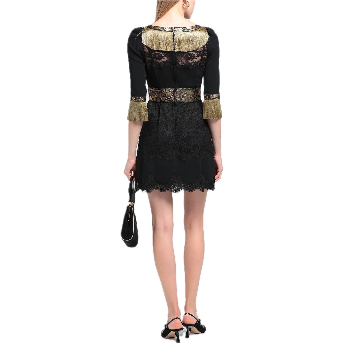 NWT Dolce & Gabbana Black Gold Fringe Mini Lace dress IT 42 M