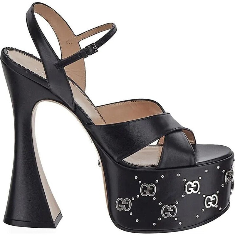 Gucci GG Embellished Black Platform sandal Silver Interlocking G Studs 37