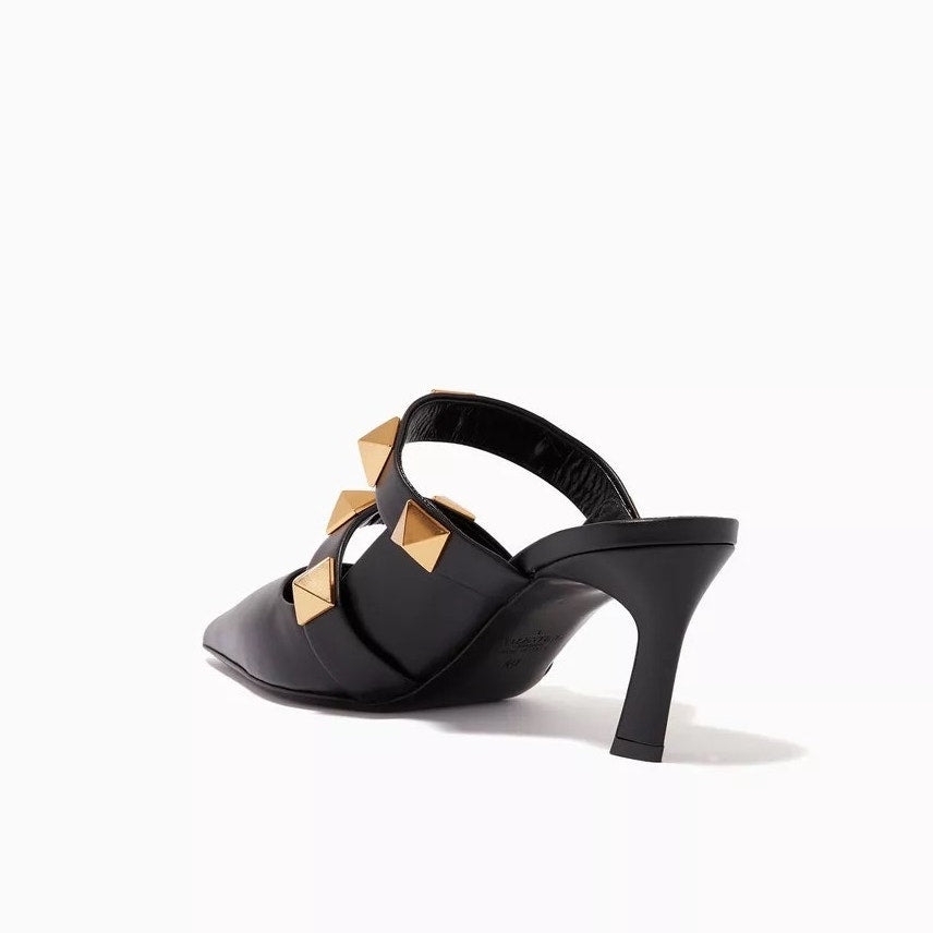 Valentino Garavani Black Roman Stud Leather Mules Gold
