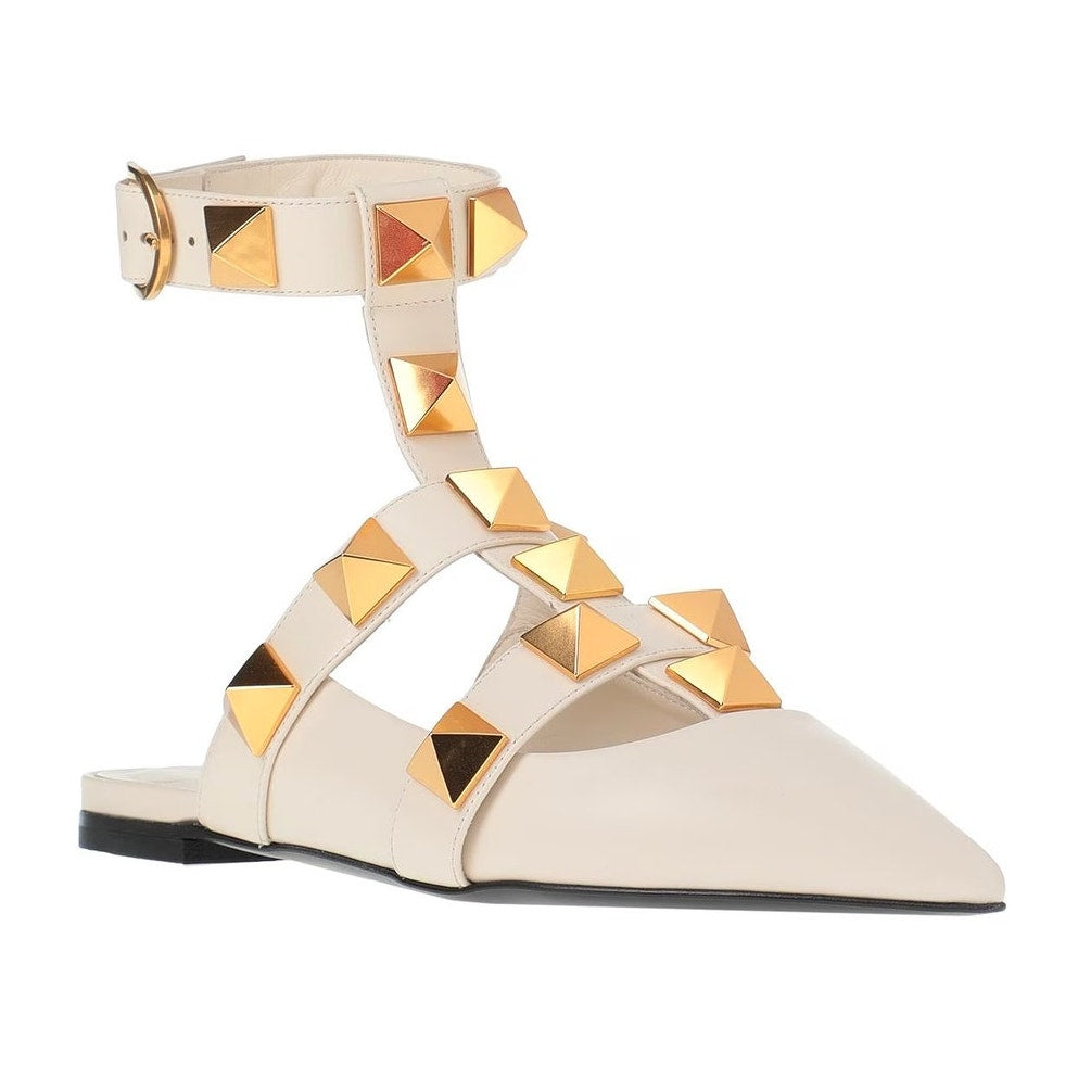 Valentino Garavani Lilac Roman Stud Flat Leather Ankle Strap Gold 35.5