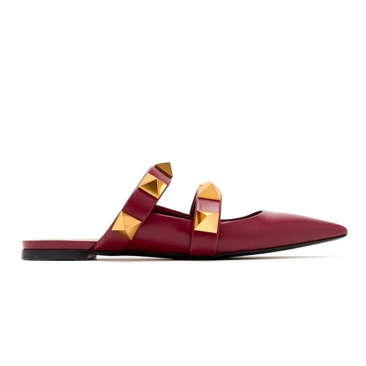 Valentino Garavani Burgundy Roman Stud Flat Leather Mules Gold 35.5