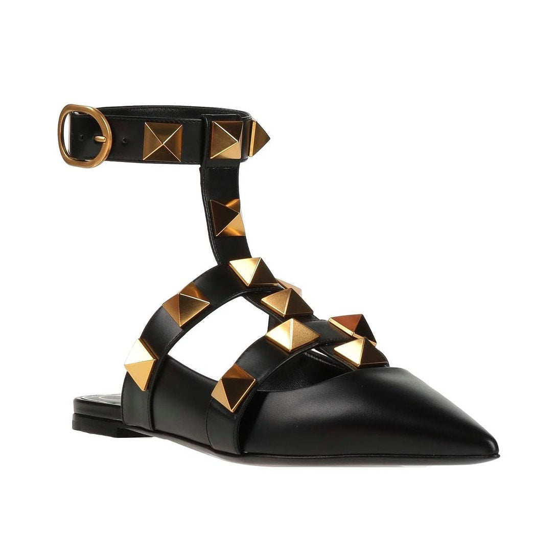 Valentino Garavani Black Roman Stud Flat Leather Ankle Strap Gold 35