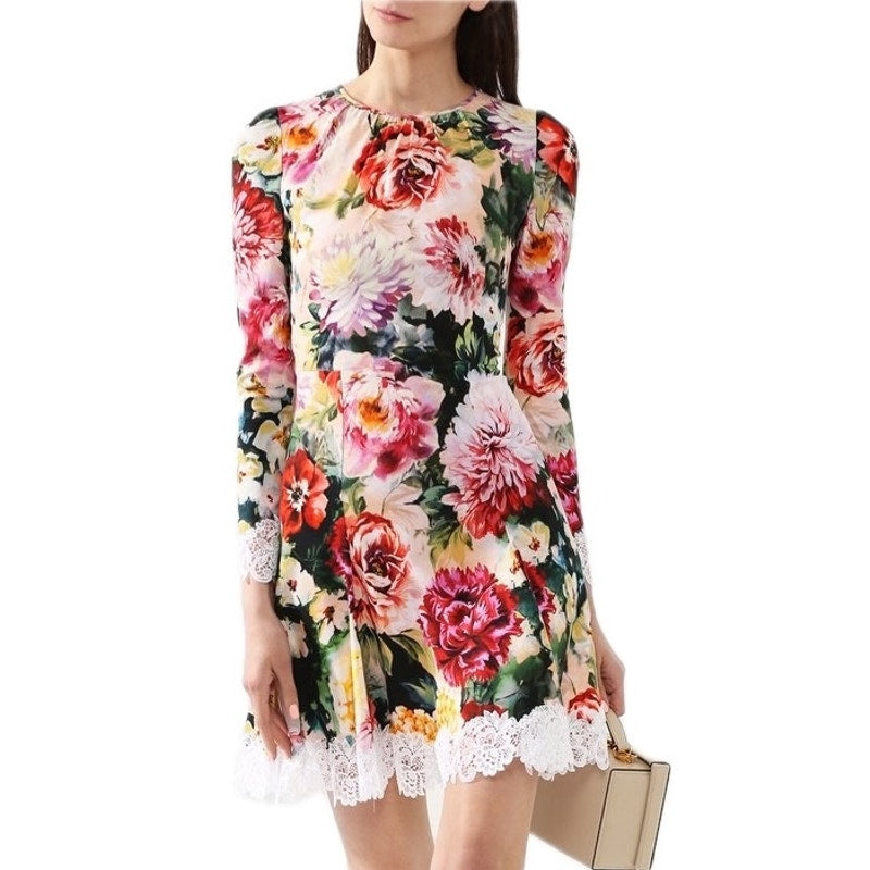 NWT Dolce & Gabbana Lace Trimmed Floral Crepe Mini Dress Multi IT 40 / S
