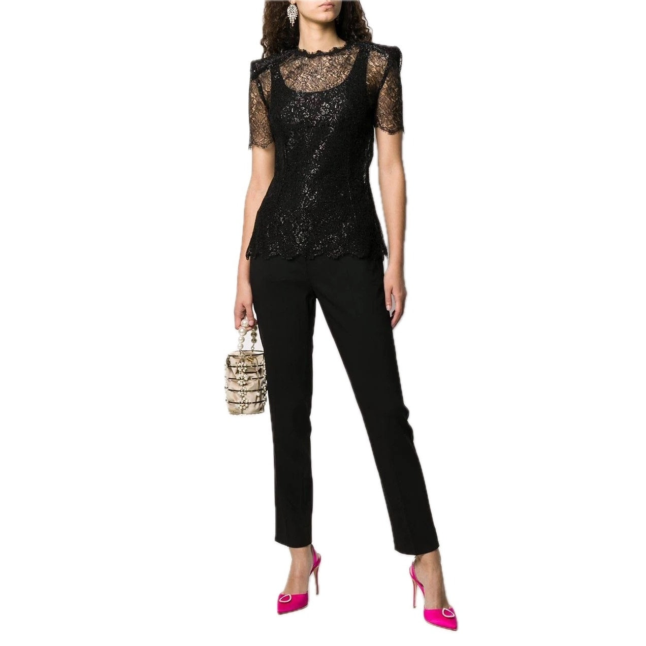 Dolce & Gabbana Black Short sleeve Lame Lace Top Blouse