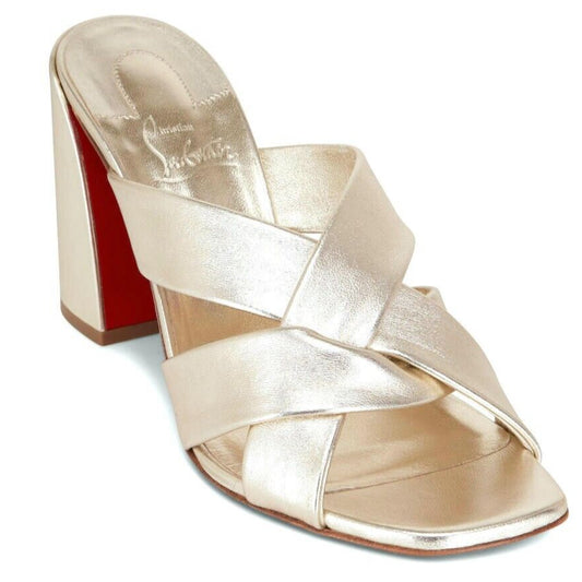 Christian Louboutin Dispo Club 85 Metallic Leather Mules Sandals Gold