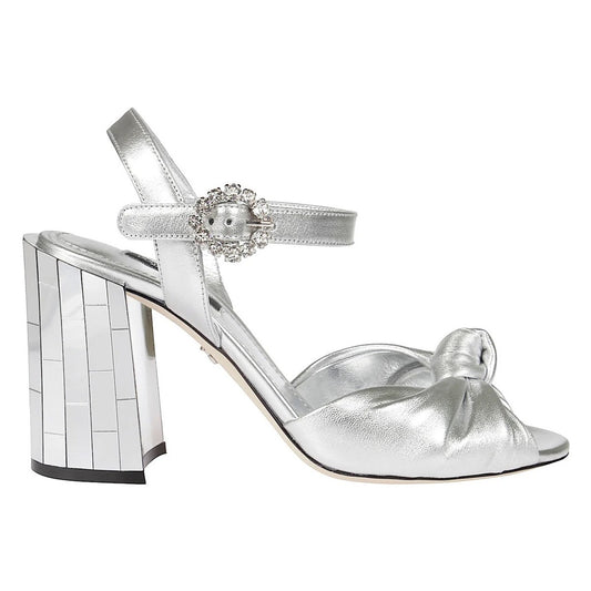 DOLCE & GABBANA Keira Laminated Metallic Leather Crystal Heeled Sandals Silver 38.5