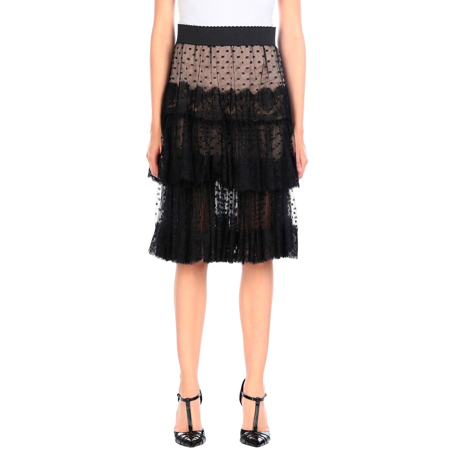 NWT Dolce & Gabbana Black Lace-trimmed Tiered Tulle Midi Skirt  IT 40 US S