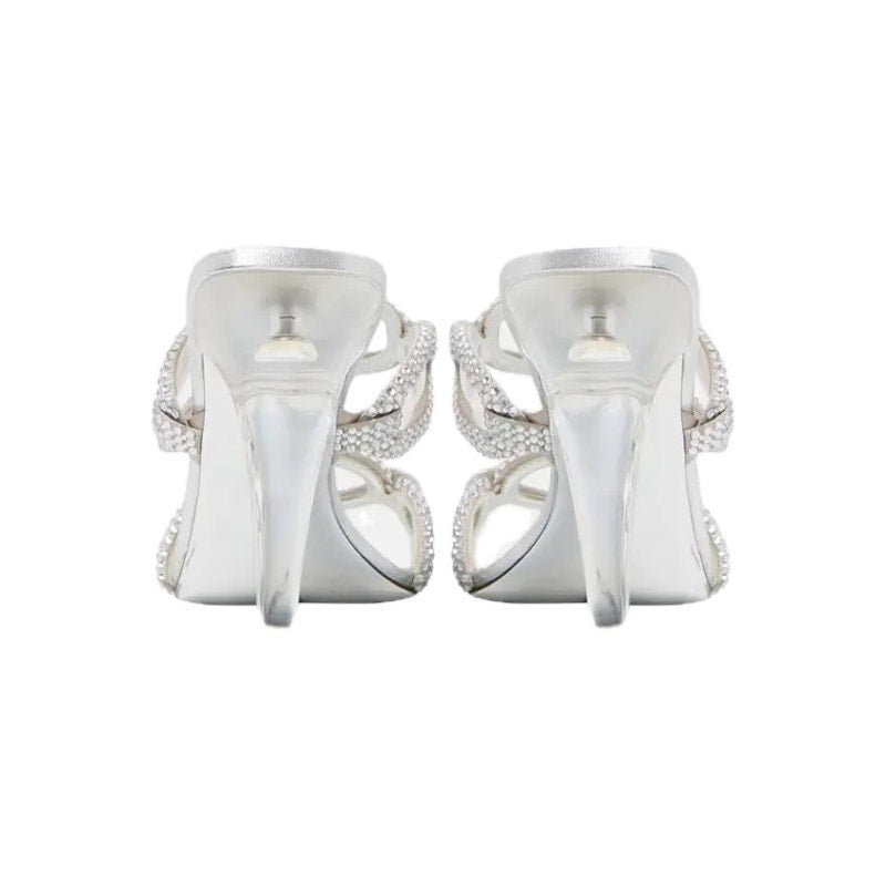 Valentino Garavani Silver Chain 1967 Crystal Slip On Heeled Slide Sandal