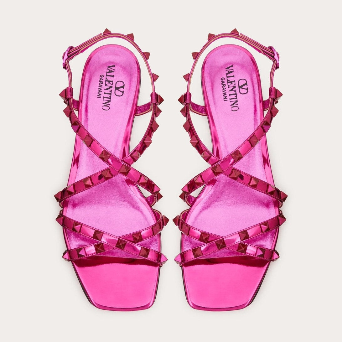 Valentino Garavani Pink Rockstud Mirrored Strappy Flat Sandals