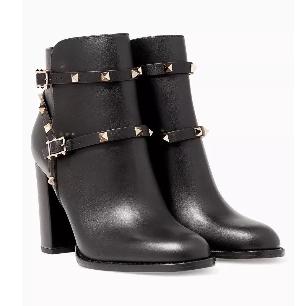 Valentino Garavani Rockstud Black Ankle Boots in Calfskin 35.5