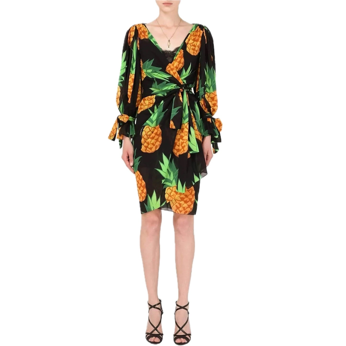 Dolce & Gabbana Runway Pineapple Wrap Silk Mini Dress Multicolor IT 40 S