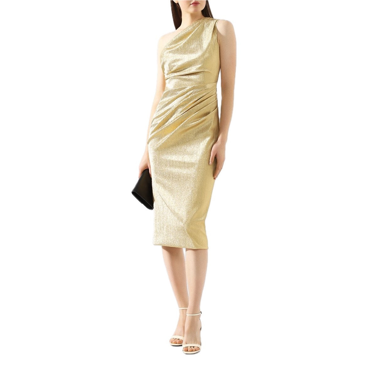 NWT DOLCE & GABBANA One-shoulder Metallic Silk blend Midi Dress Gold 40 S