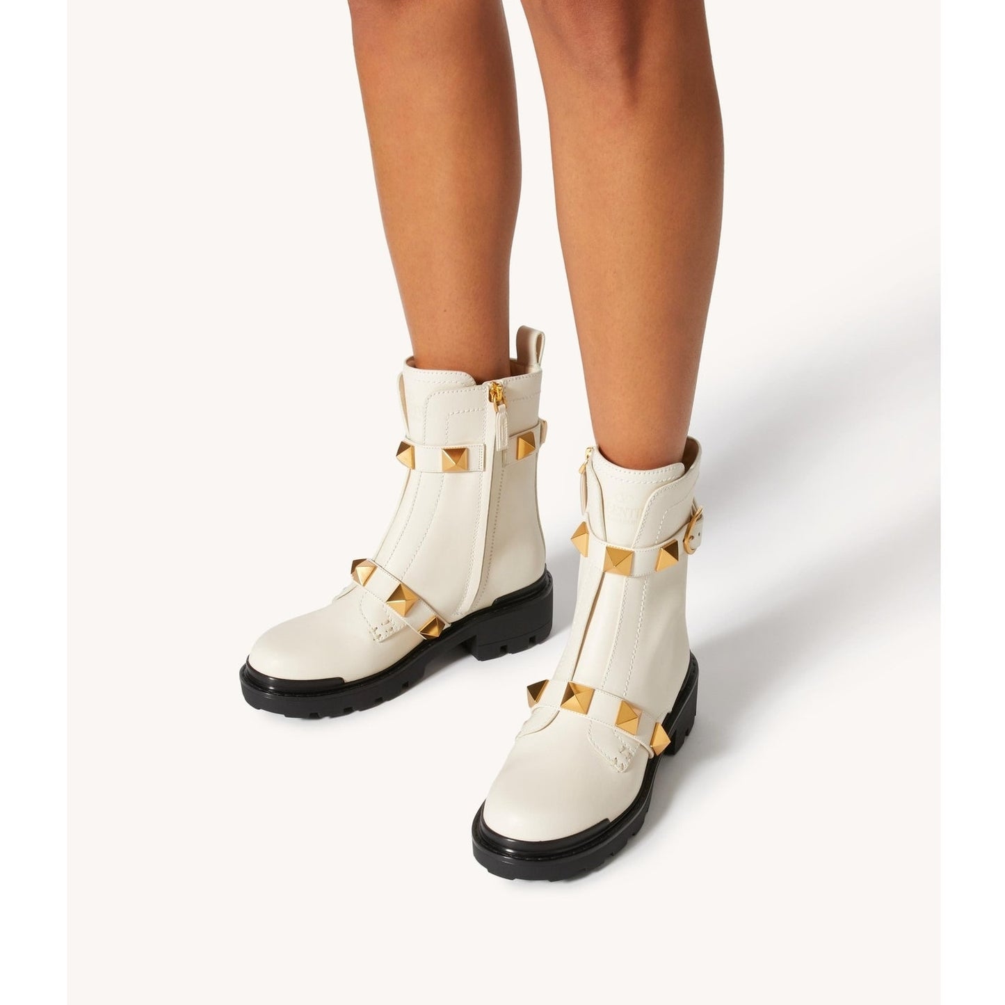 Valentino Garavani Roman Stud Ankle Boots in Calfskin 120mm Ivory Gold 36