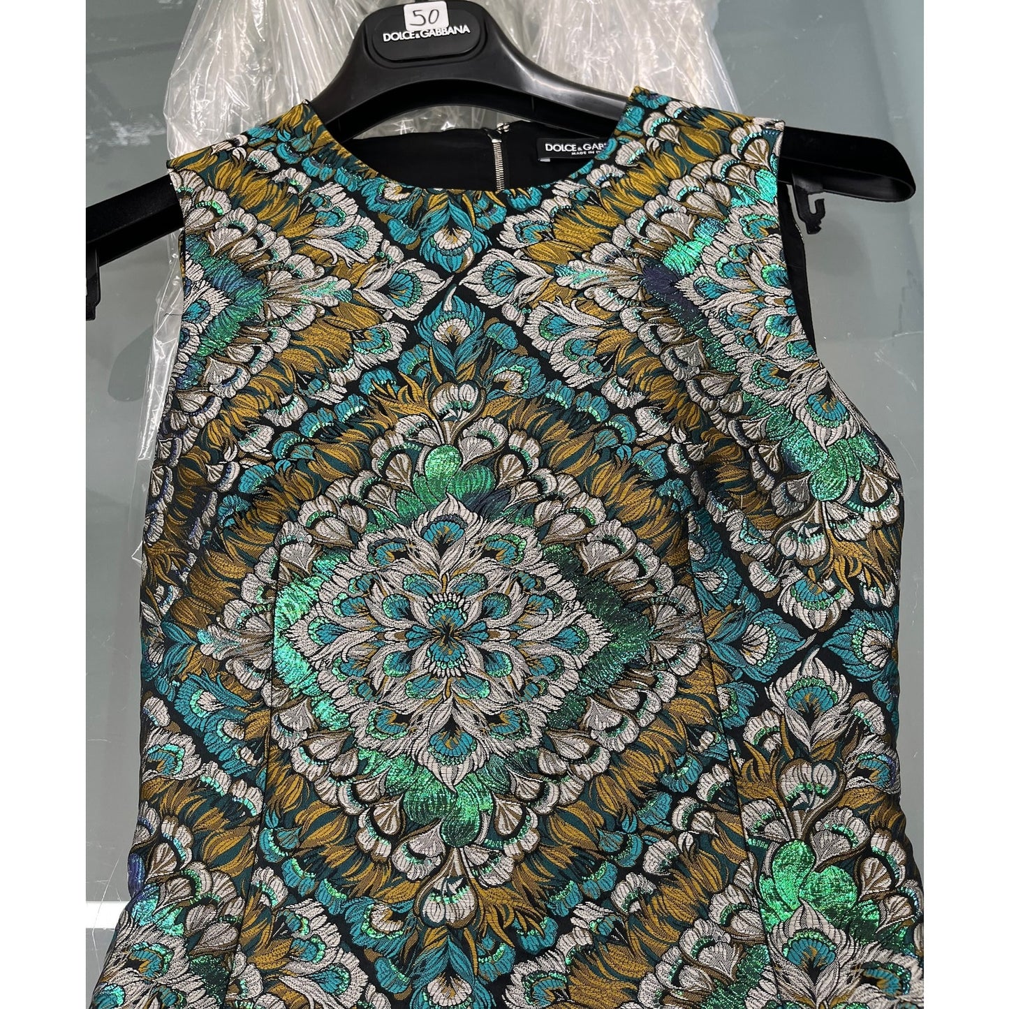 DOLCE & GABBANA Green Metallic  Jacquard Sleeveless Mini Dress 42 M