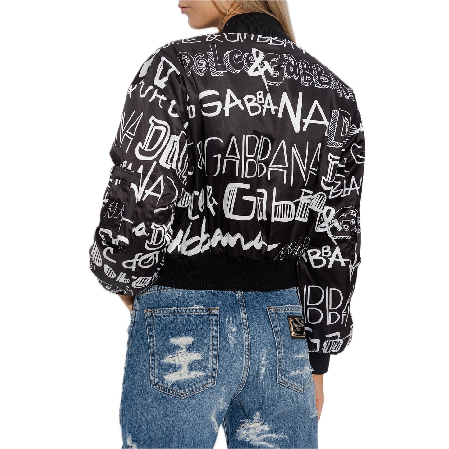 NWT Dolce & Gabbana Black White Logo Print Zip up Bomber Jacket IT 38 US XS