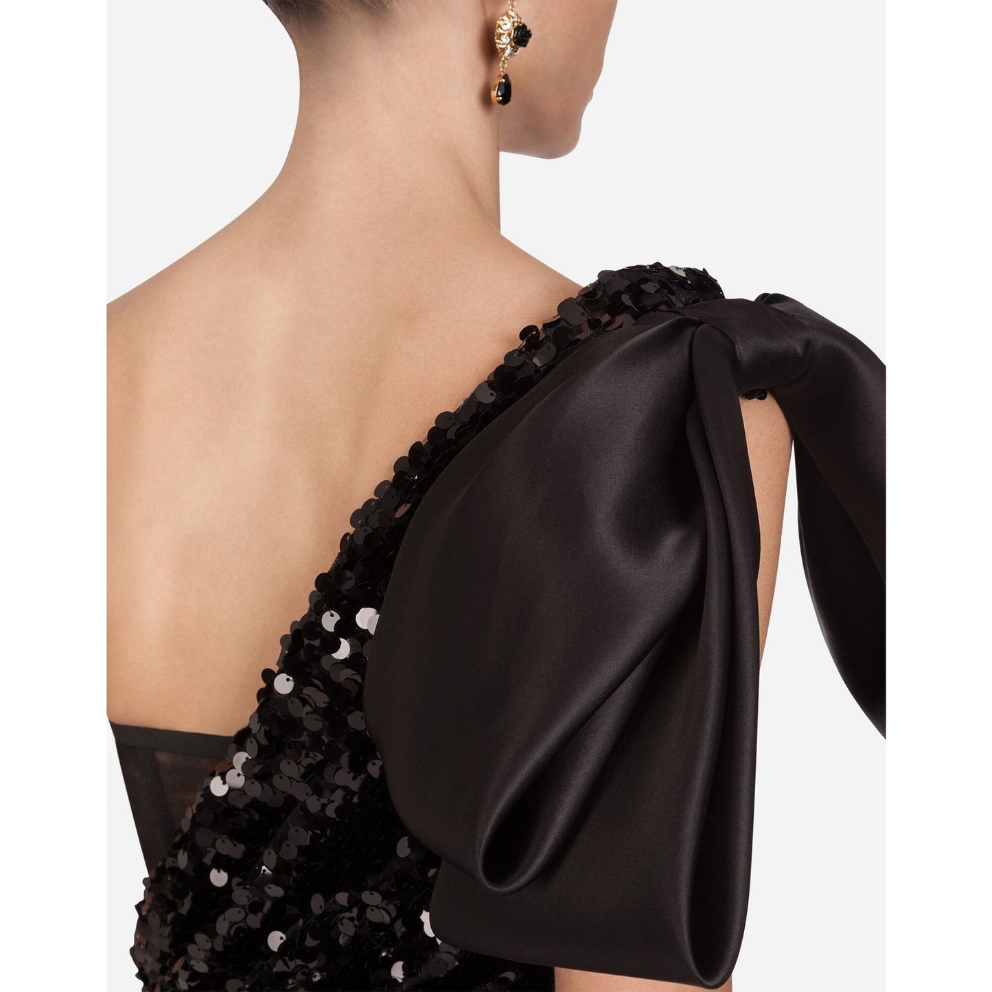 NWT Dolce & Gabbana Black Sequin One Shoulder Midi Cocktail Dress 42 M