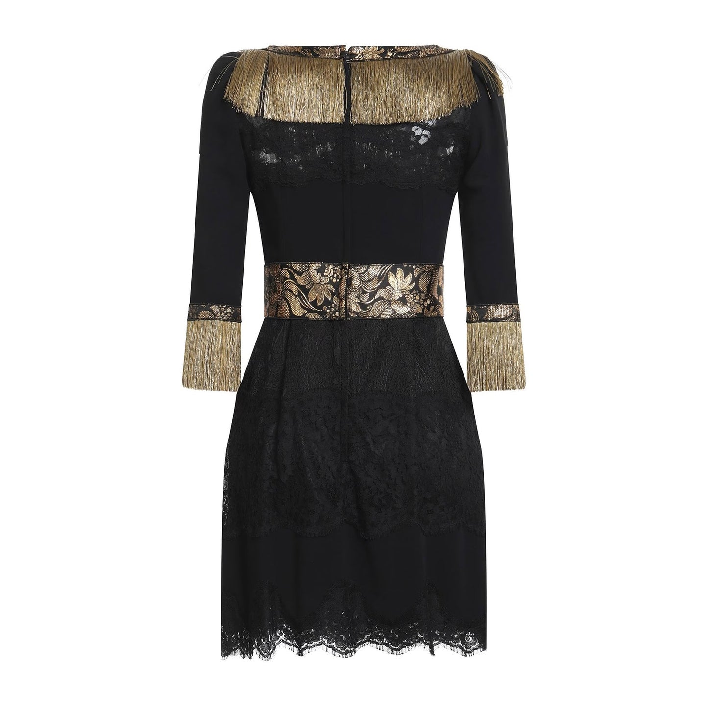 NWT Dolce & Gabbana Black Gold Fringe Mini Lace dress IT 42 M