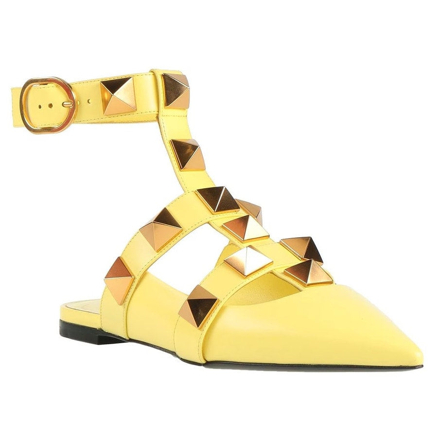 Valentino Garavani Yellow Roman Stud Ballerina Flat Ankle Strap 37
