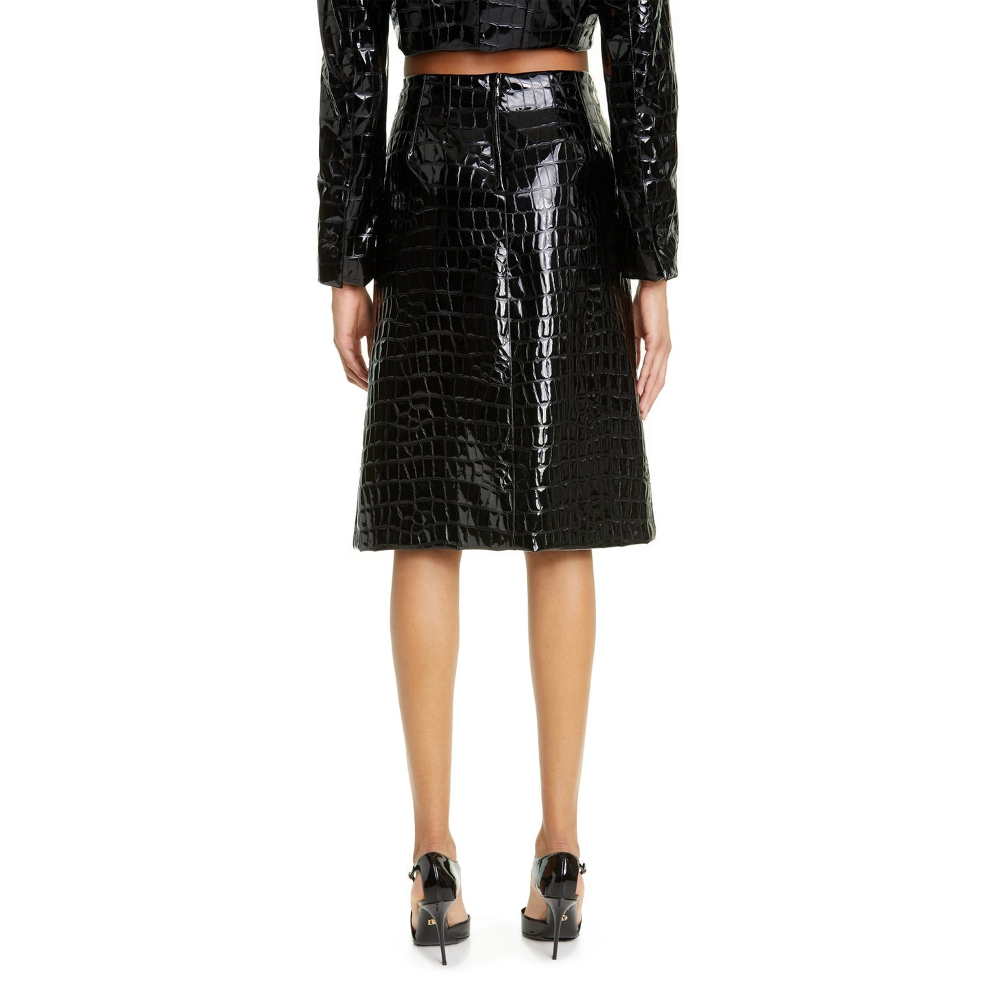 NWT Dolce & Gabbana Black Croc Faux-Leather Midi Skirt IT 36 US XXS