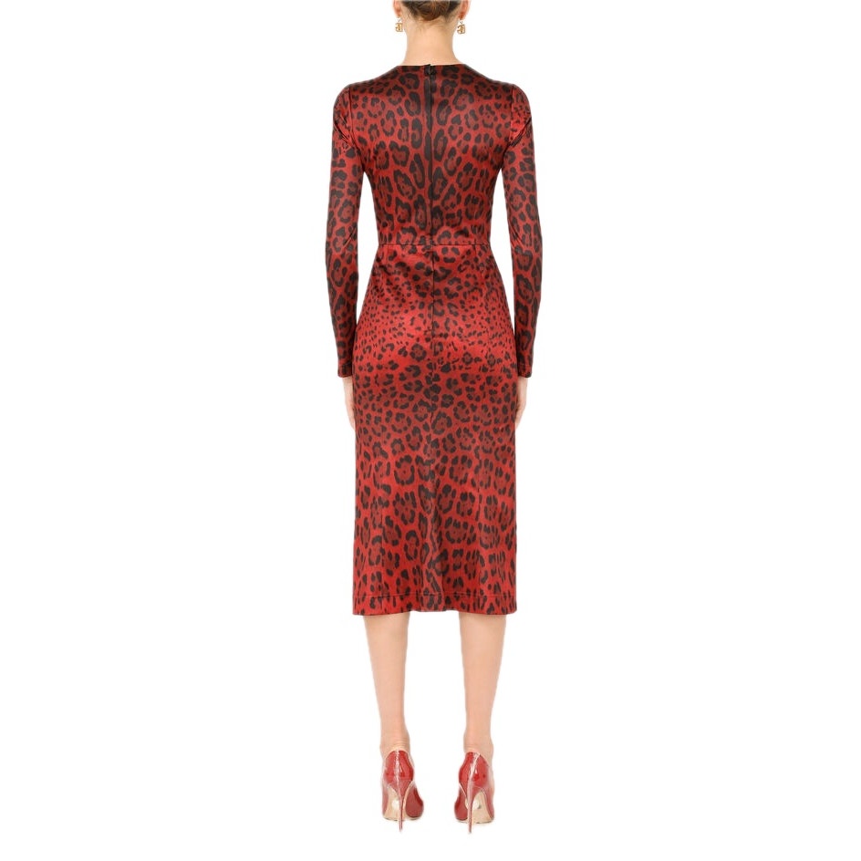 NWT Dolce & Gabbana Red Tubino bustier  Leopard-Print Satin Midi Dress 40 S