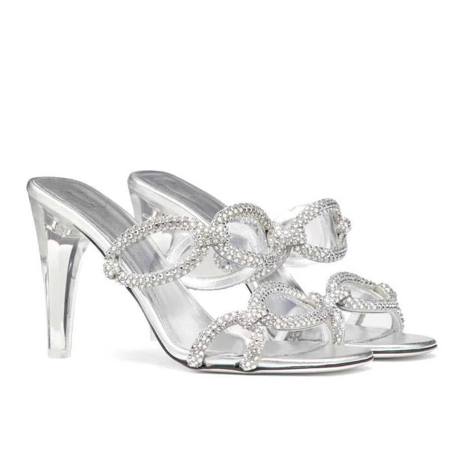 Valentino Garavani Silver Chain 1967 Crystal Slip On Heeled Slide Sandal