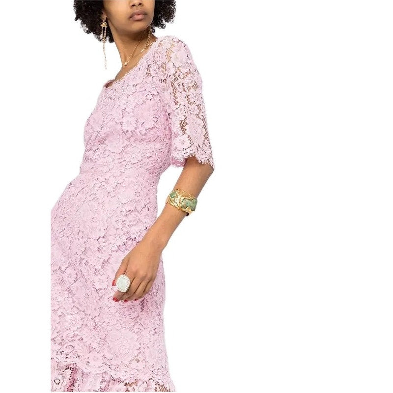 NWT Dolce & Gabbana Lace Overlay Short Sleeve Midi Dress 40 S