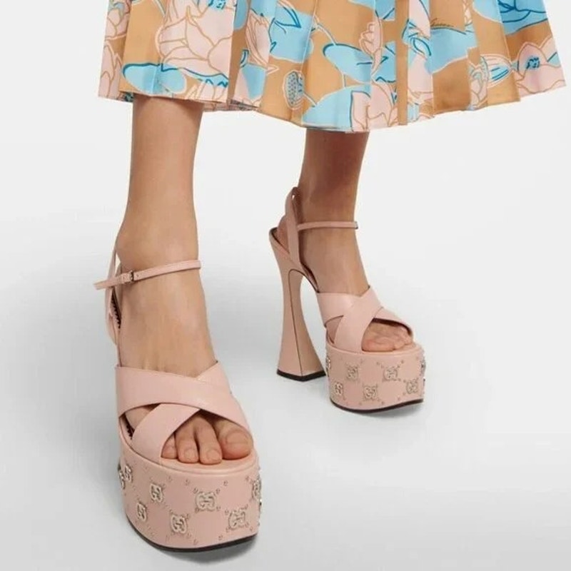 Gucci GG Embellished Pink Platform sandal Silver Interlocking G Studs 41