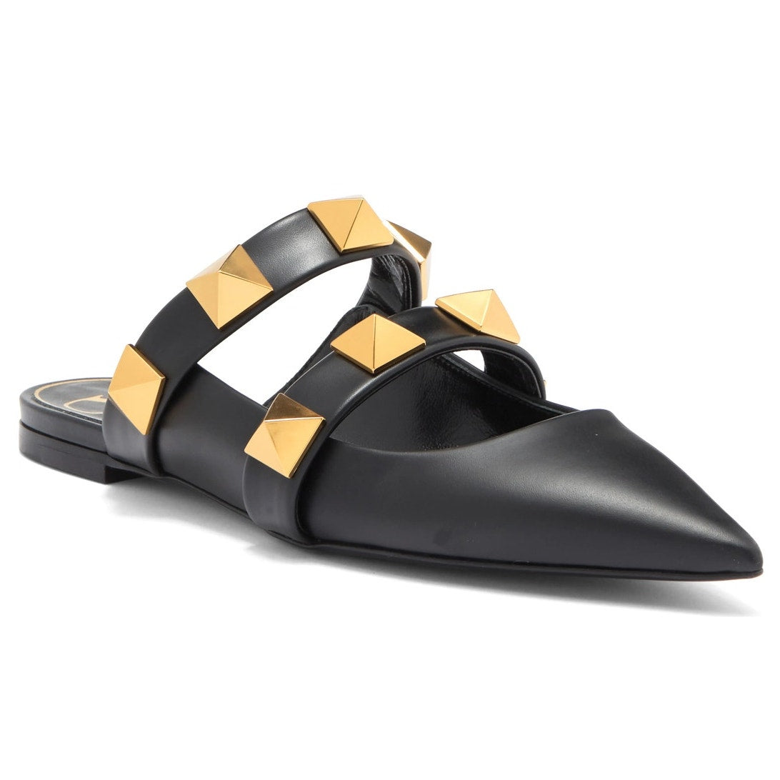 Valentino Garavani Black Roman Stud Flat Leather Mules Gold