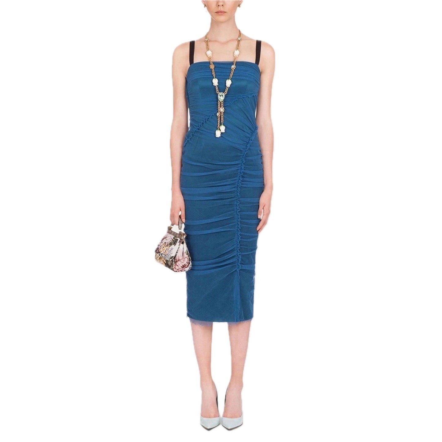NWT Dolce & Gabbana Blue Tulle Ruched Mesh Bodycon Midi Dress 44 L