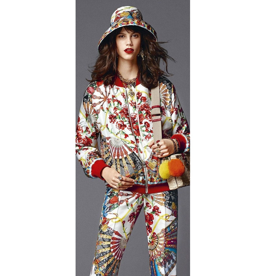 NWT Dolce & Gabbana Cream Red Printed Silk Bomber Jacket Multi IT 38 US XS