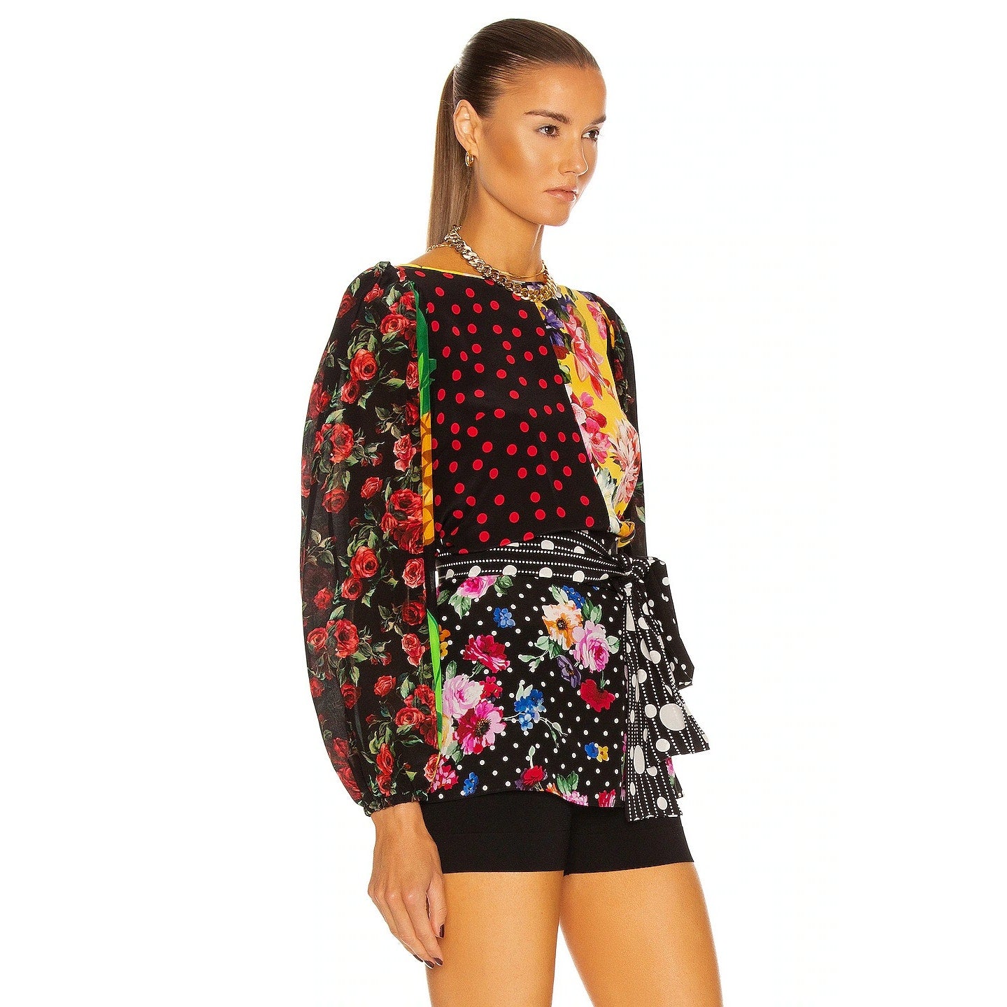NWT DOLCE & GABBANA Printed Patchwork Blouse Belted Multicolor IT 38 XS