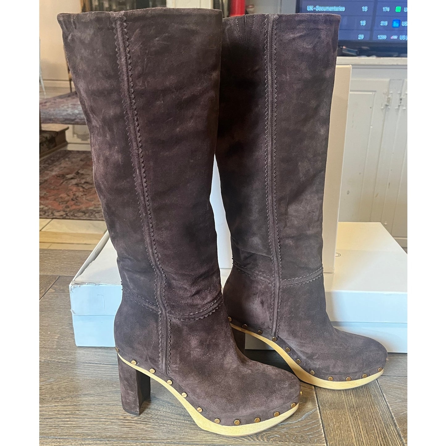 Veronica Beard Glendale Block heel Clog Knee Boots Brown 8