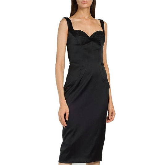 DOLCE & GABBANA Black Stretch Satin Sweetheart Bodycon Dress Midi 42 M