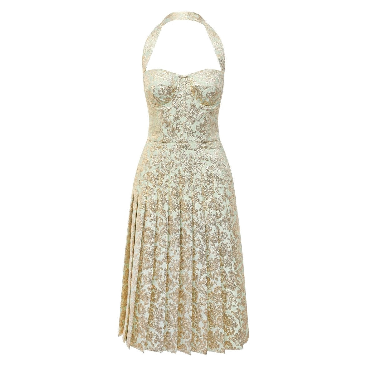 NWT DOLCE & GABBANA Gold Bustier Midi Pleated Dress Lame Jacquard  40 S