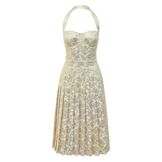 NWT DOLCE & GABBANA Gold Bustier Midi Pleated Dress Lame Jacquard  40 S