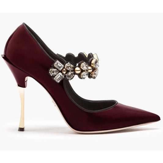 DOLCE & GABBANA Patent Leather Mary Janes jewel Strap In Maroon