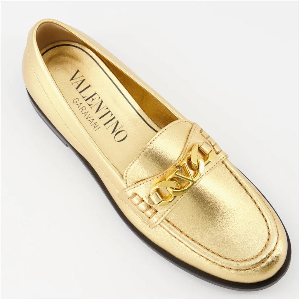 NIB Valentino Garavani  Vlogo Chain Metallic Napa Leather Loafers Gold 38.5