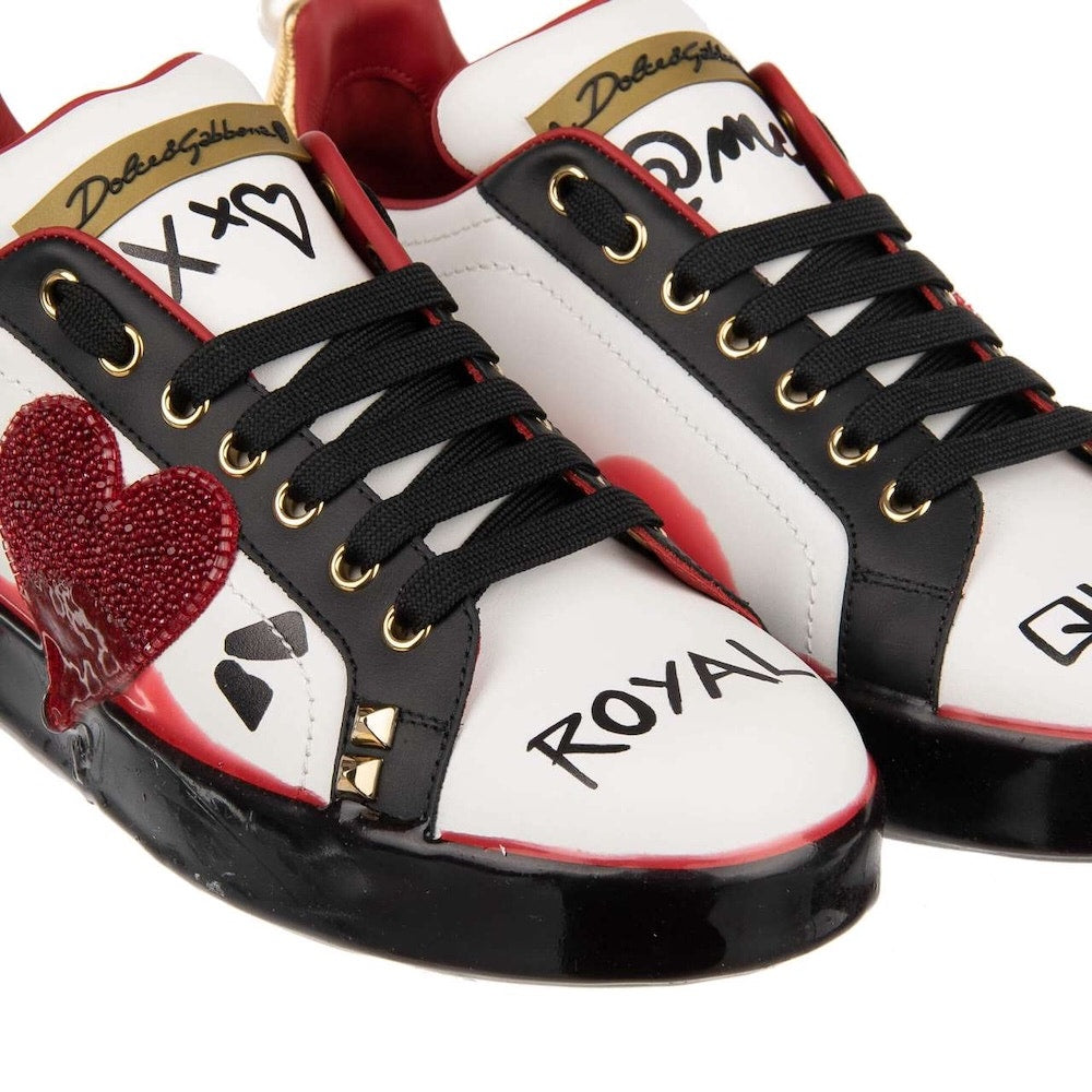 Dolce & Gabbana Portofino Calfskin Heart Rhinestone Sneakers White Red