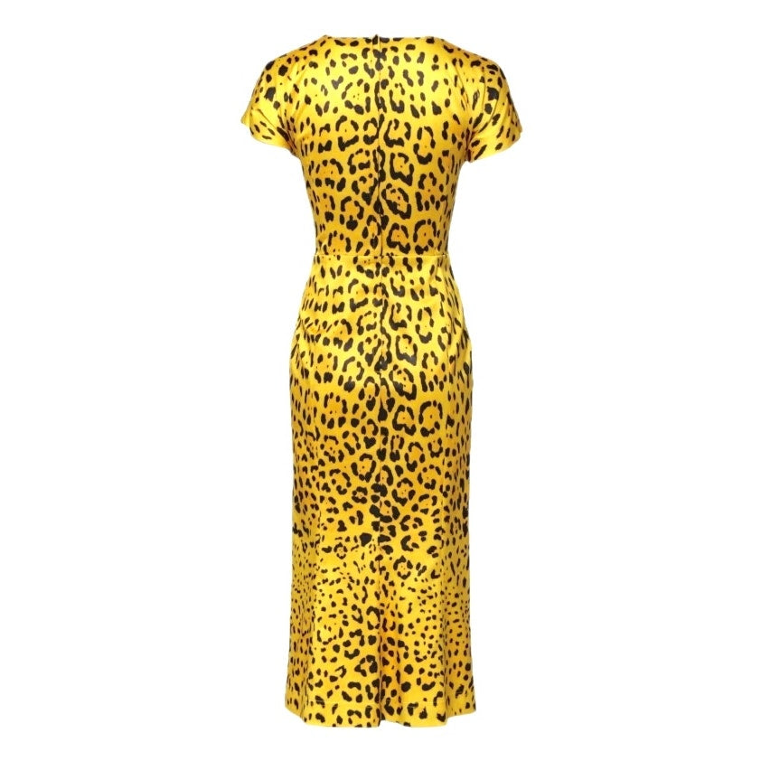 NWT Dolce & Gabbana Yellow Leopard-Print Midi Satin Dress 40 S