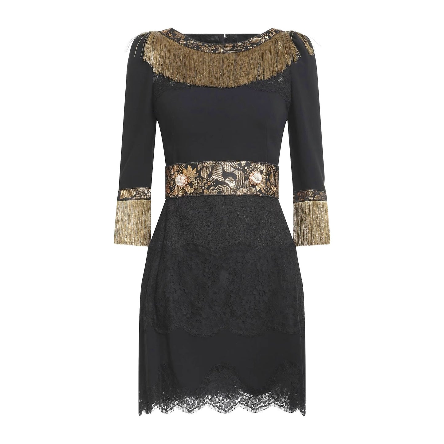 NWT Dolce & Gabbana Black Gold Fringe Mini Lace dress IT 40 S