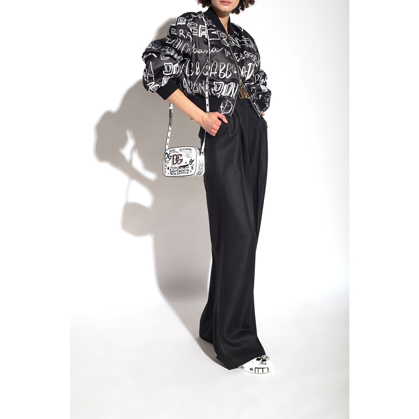 NWT Dolce & Gabbana Black White Logo Print Zip up Bomber Jacket IT 38 US XS