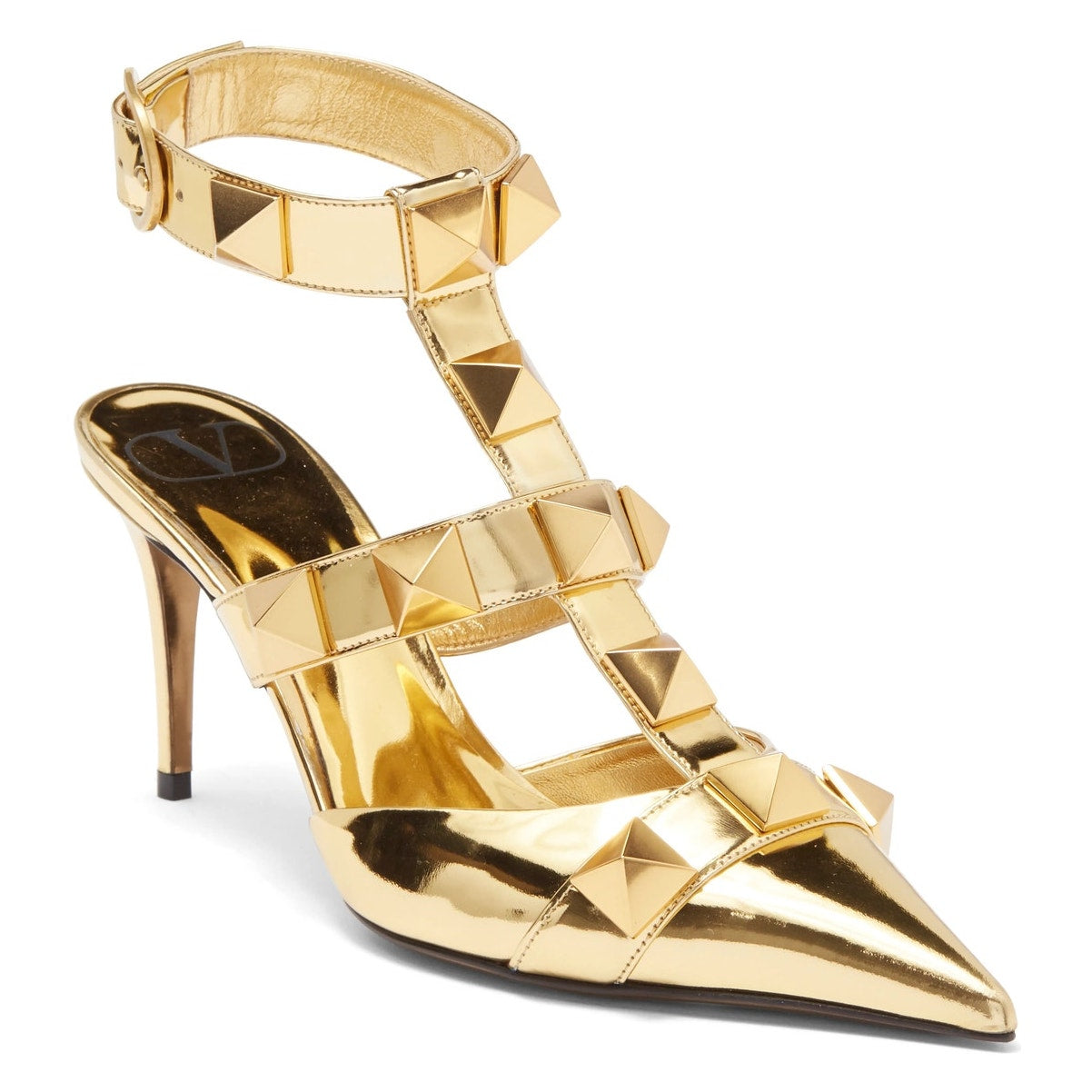 Valentino Garavani Gold Roman Stud Ankle Strap Leather Pumps